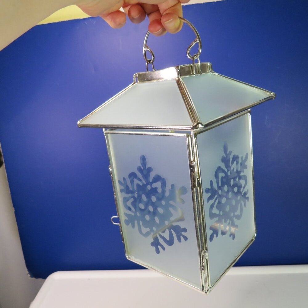 Snowflake Frosted Glass & Metal Lantern Luminary Votive Strong Handle 10" tall